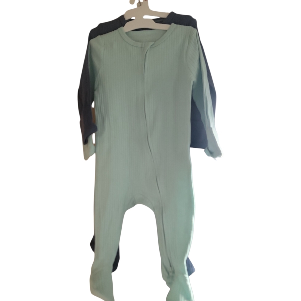 Ribbed Long Sleeve Footed Baby Onesie - Sage Green And Blue
